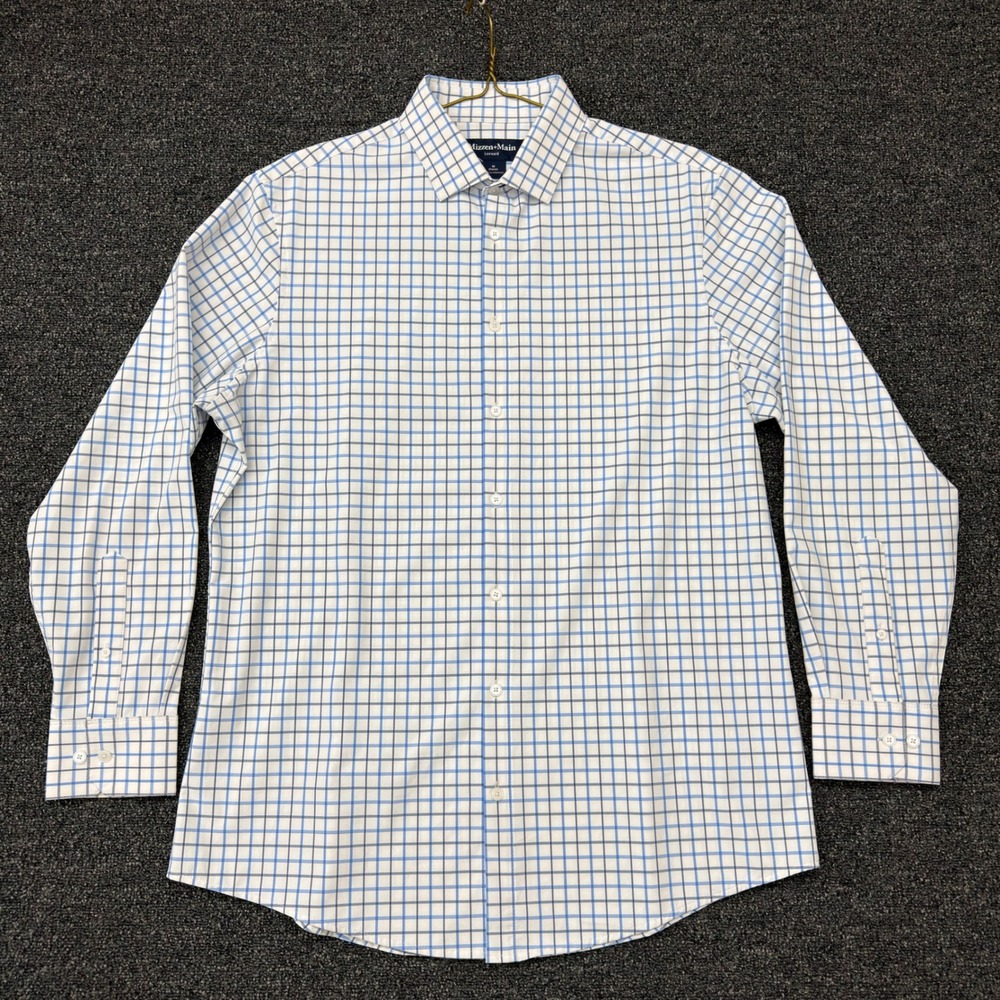 Mizzen+Main Leeward Classic Mens Blue White Grid Performance Dress Shirt M